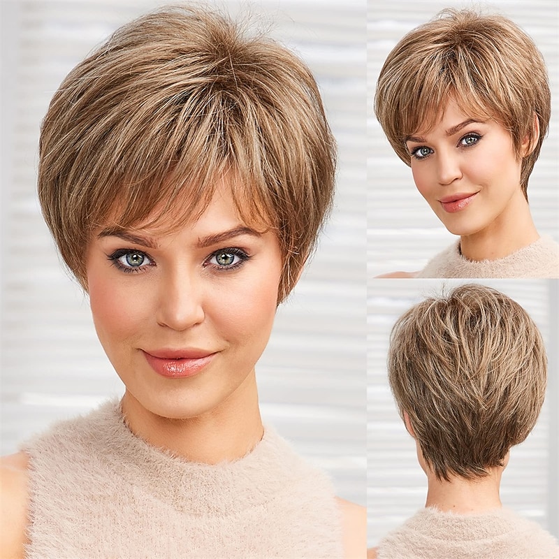 Short Blonde Brown Wigs for Women Memory Fiber Simulated Human Hair Pixie Curly Wig With Bang,Natural Daily Use Hair(Color JR14#)