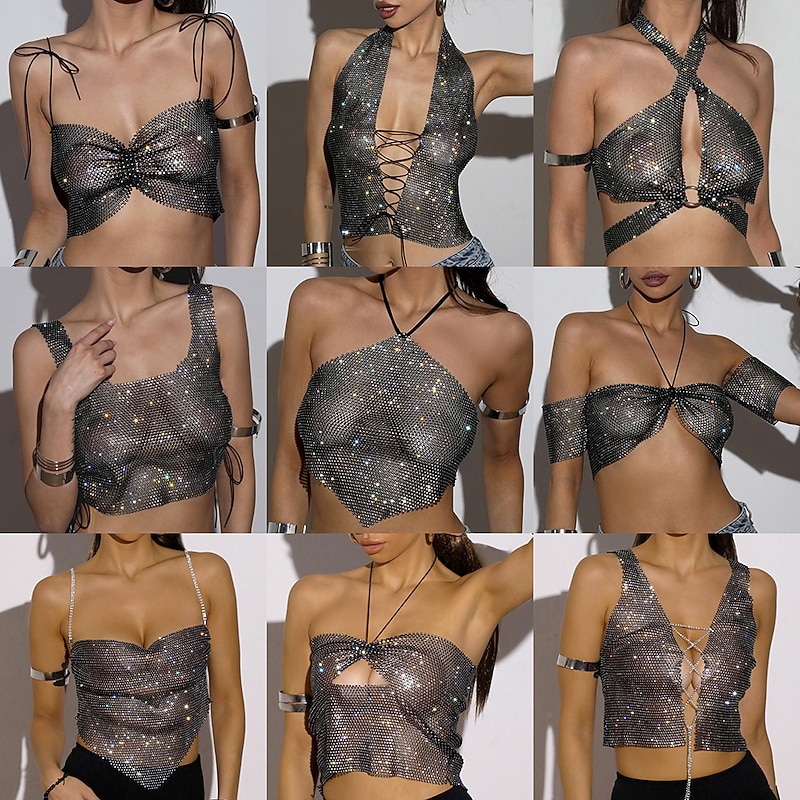 Metallic Sparkle Sexy Crop Tank Top Sheer Mesh Rhinestone Cover Up Disco Solid Color Deep V Fancy Dress Women's Carnival Party Club Adults' Tank Top
