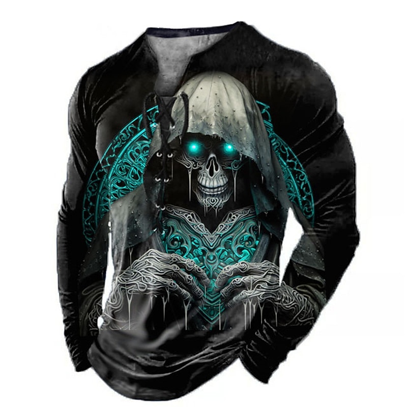 Men's Graphic Skull T Shirt Long Sleeve T shirt 3D Print Collar Shirt Fashion Daily Outdoor Casual Holiday Going out Blue Red Purple Spring &  Fall Clothing Apparel S M L XL 2XL 3XL2