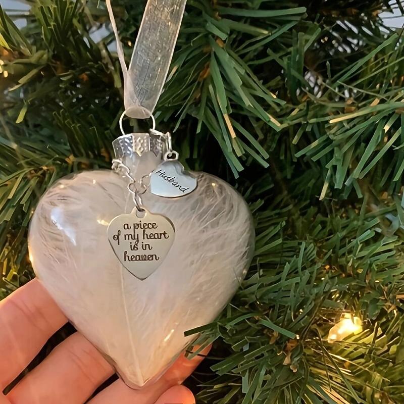 My Heart Is In Heaven Memorial Pendant Name Ornament Keepsake Feather Plastic Ball Ornament, Valentines Day Gift