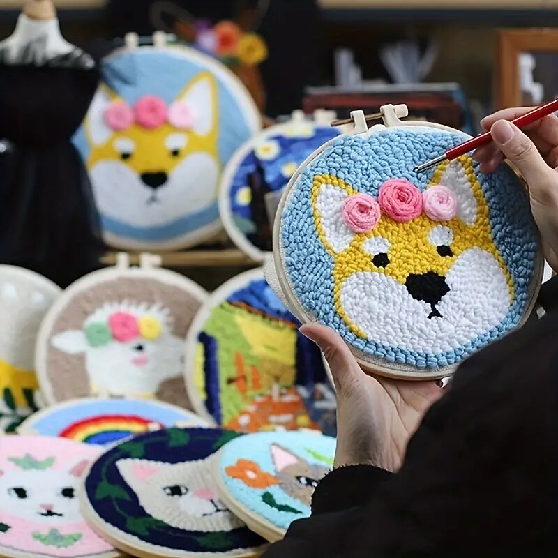 1set DIY Knitting Embroidery Kit Cute Animal Pattern DIY BasicStarter Embroidery Practice Set With Embroidery Hoop ColorThreads Needles Instructions Creative Basic Embroidery Set ForAdults Begi