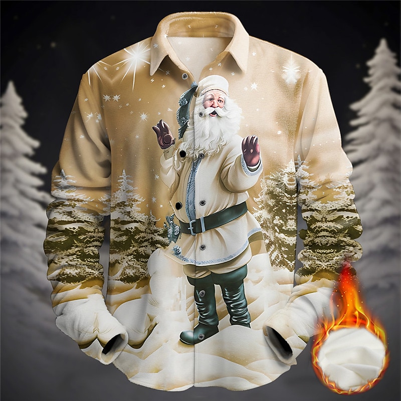 Christmas Men's Santa Claus Printed Shirts Santa Claus Casual Fleece Long Sleeve Daily Wear Vacation Going out Fall & Winter Turndown Print Button-Down Fleece Blue Khaki Fleece4