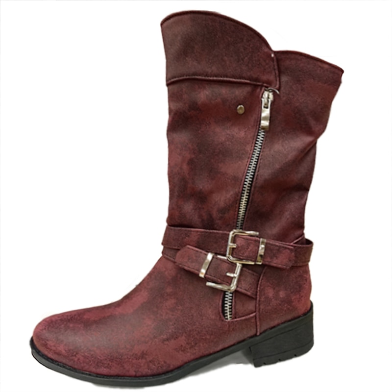 Women's Biker Mid-Calf Boots – Red Faux Leather Motorcycle Boots with Double Buckle Straps and Side Zipper, Perfect for Casual Fall Outfits, Outdoor Adventures, and Urban Streetwear4