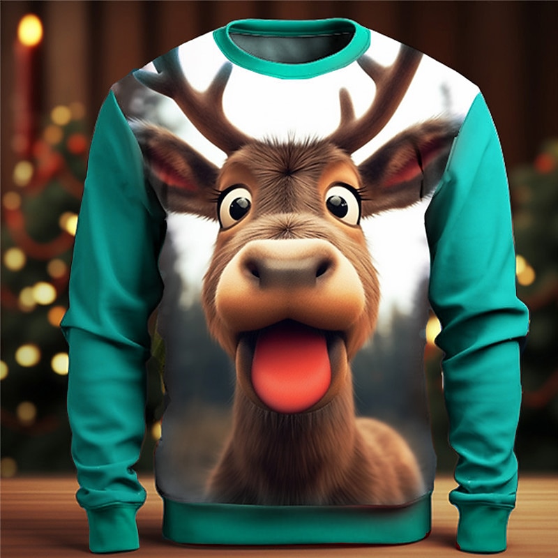 Men's Graphic Elk Moose Christmas Sweatshirts Golf Pullover Sweatshirt Long Sleeve Sweatshirt Crew Neck Fashion Daily Casual 3D Print Vacation Holiday Going out Print Spring &  Fall2