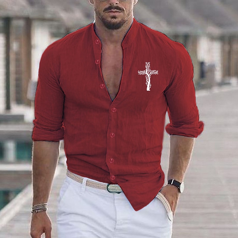 Men's Shirt Beach Shirt Cross Outdoor Vacation Black White Pink Red Long Sleeve Stand Collar Spring &  Fall Clothing Apparel Print