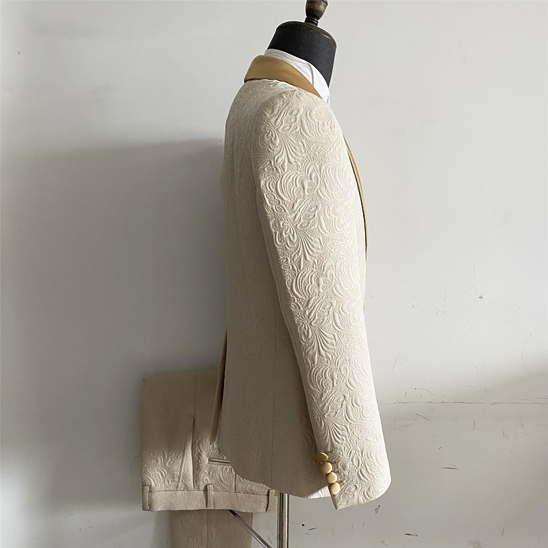 Men's Wedding Suits Shawl Lapel Shawl Collar Black Champagne Jacquard Floral Tailored Fit 2 Piece Single Breasted One-button3