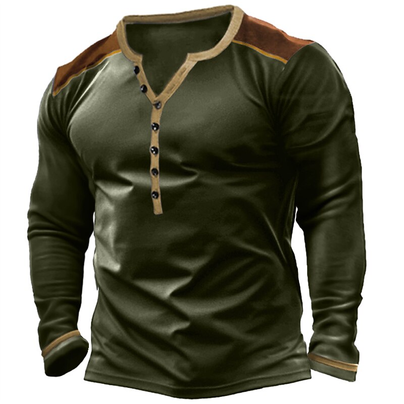 Men's Button T Shirt T Shirt Henley Shirt Tee Top Long Sleeve Henley Spring &  Fall Color Block Fashion Designer Basic Patchwork Vacation Street Going out Black Blue Army Green Top Tee for Men2
