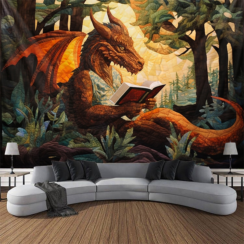 Dragon Reading Book Hanging Tapestry Wall Art Large Tapestry Mural Decor Photograph Backdrop Blanket Curtain Home Bedroom Living Room Decoration