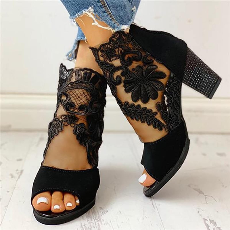 Women's Black High Heel Sandals with Lace Details and Open Toe for Elegant and Formal Wear