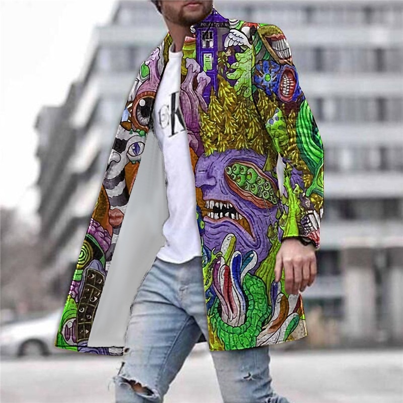 Men's Winter Coat Overcoat Coat Work Wear to work Warm Breathable Pocket Print Fall & Winter Abstract Graphic Prints Fashion Streetwear Turndown Long Regular Fit Yellow Blue Green Jacket3