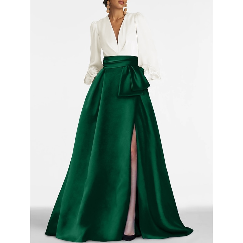 A-Line Evening Gown Elegant Dress Formal Wedding Guest Sweep / Brush Train Long Sleeve V Neck Satin with Pleats Slit2