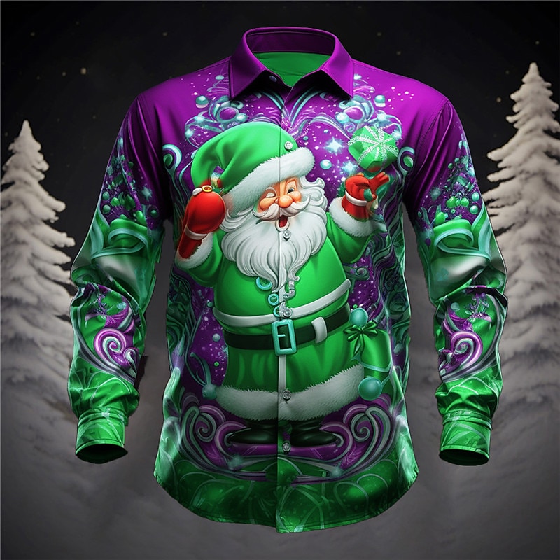 Christmas Men's Santa Claus Printed Shirts Santa Claus Casual Daily Wear Going out Fall & Winter Turndown Long Sleeve Violet, Burgundy, Blue S, M, L 4-Way Stretch Fabric Christmas3