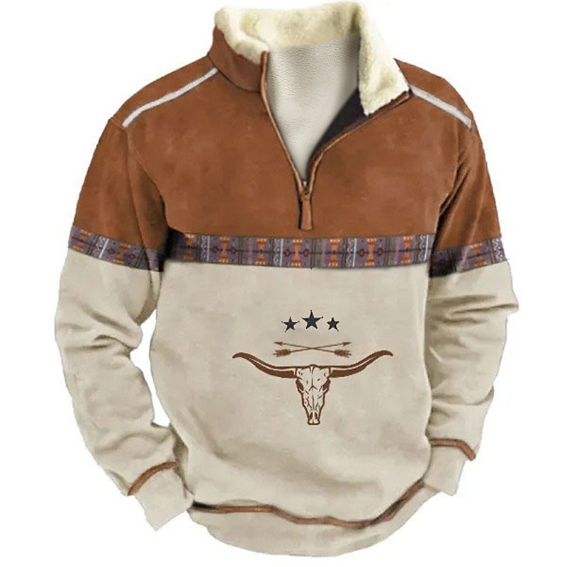 Men's Graphic Animal Color Block Sweatshirts Sweatshirt Zip Sweatshirt Long Sleeve Sweatshirt Quarter Zip Daily Cowboy Casual 3D Print Vacation Holiday Going out Print Fleece Fall & Winter
