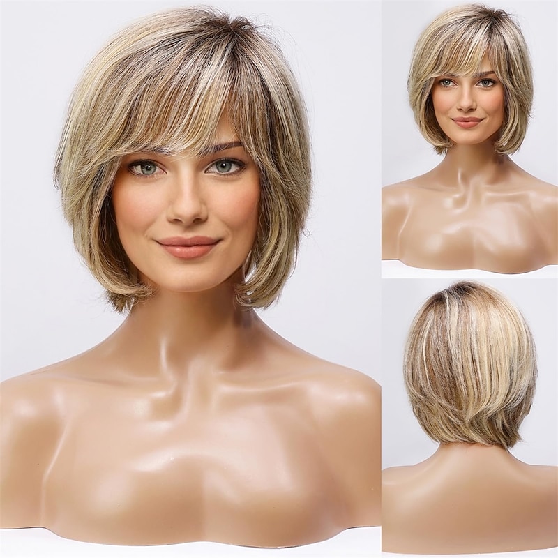 Short Ombre Blonde Wig for Women Hand-Tied Lace Front Human Hair Wig Layered Bob Wig with Bangs Blonde Mixed Brown Natural Wig for Daily Use