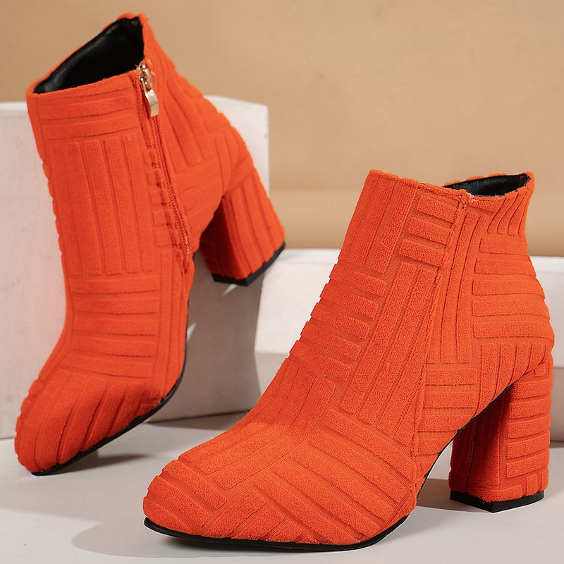 Women's Orange Textured Ankle Boots with Block Heels and Side Zipper – Modern Statement Shoes for Parties and Casual Outfits3