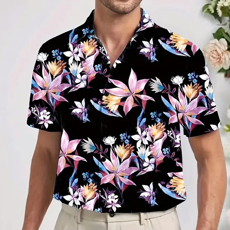 Men's Floral Tropical Flowers Shirt Summer Hawaiian Shirt Aloha Shirt Short Sleeve Shirt Turndown Casual Outdoor Street Casual Daily Black S M L