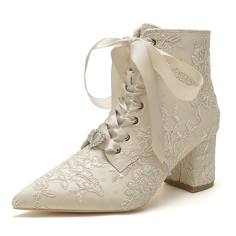 Women's White Lace-Up Bridal Booties – Floral Embroidered Satin Heels with Satin Ribbon and Rhinestone Detail for Weddings, Bridal Showers & Formal Occasions2
