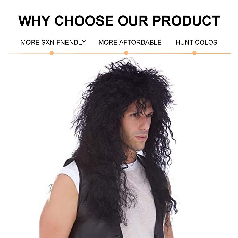 thumbnail image 2 of Simplicity Mens 80S Rocker Long Curly Wig Full Hair Black Wigs 2 of 14