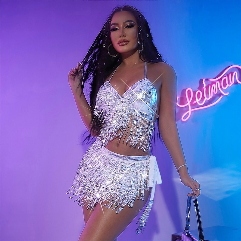 Metallic Backless Sparkle Skirt Camisole Crop Tank Top Disco Deep V Fancy Dress Women's Party Club Pride Parade Adults' Skirt Tank Top4