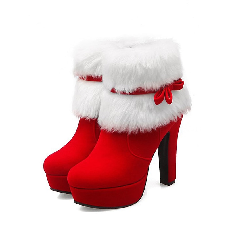 Retro Christmas Short Plush High Heel Shoes 12 CM Boots