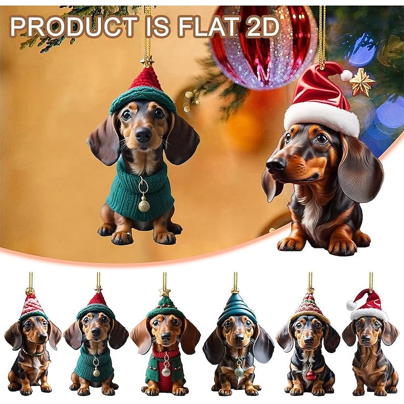 7pcs Dog Christmas Ornaments,Acrylic 2D Flat Printed Keychain, Optional Acrylic Ornament and Car Rear View Mirror Accessories Memorial Gifts Pack