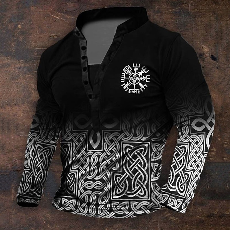Men's Halloween Graphic Viking Henley Shirt Long Sleeve 3D Printing Daily Retro Vintage Casual Holiday Going out Festival Spring &  Fall Black Blue Brown Green Henley Henley T-Shirt