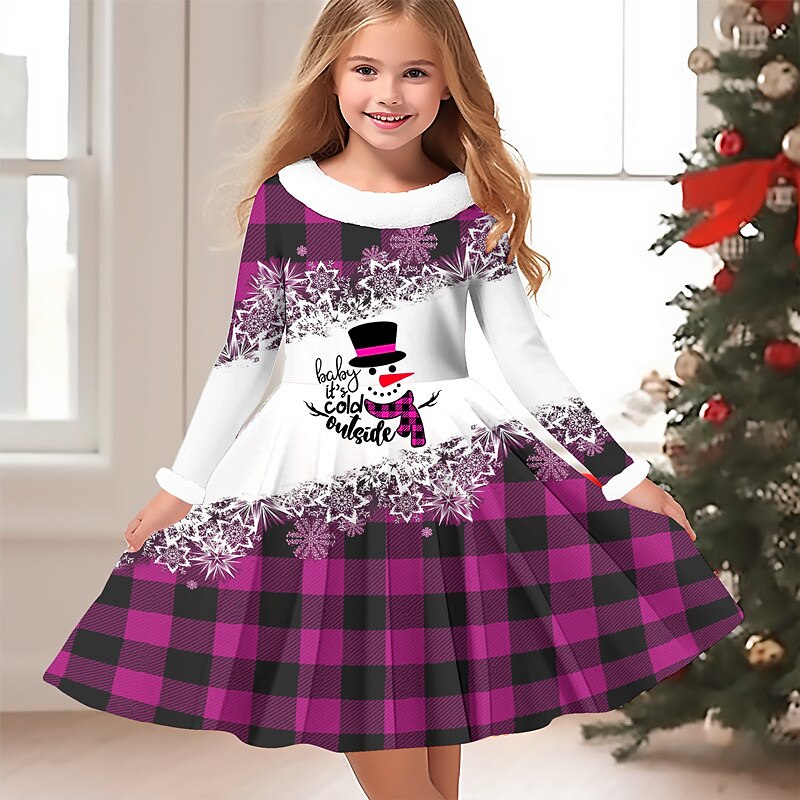 Girls' 3D Plaid Snowman Snowflake Dress Snowflake Dress Long Sleeve 3D Print Fall Winter Vacation Sports & Outdoor Daily Cute Casual Beautiful Kids 3-12 Years Casual Dress Swing Dress A Line Dress