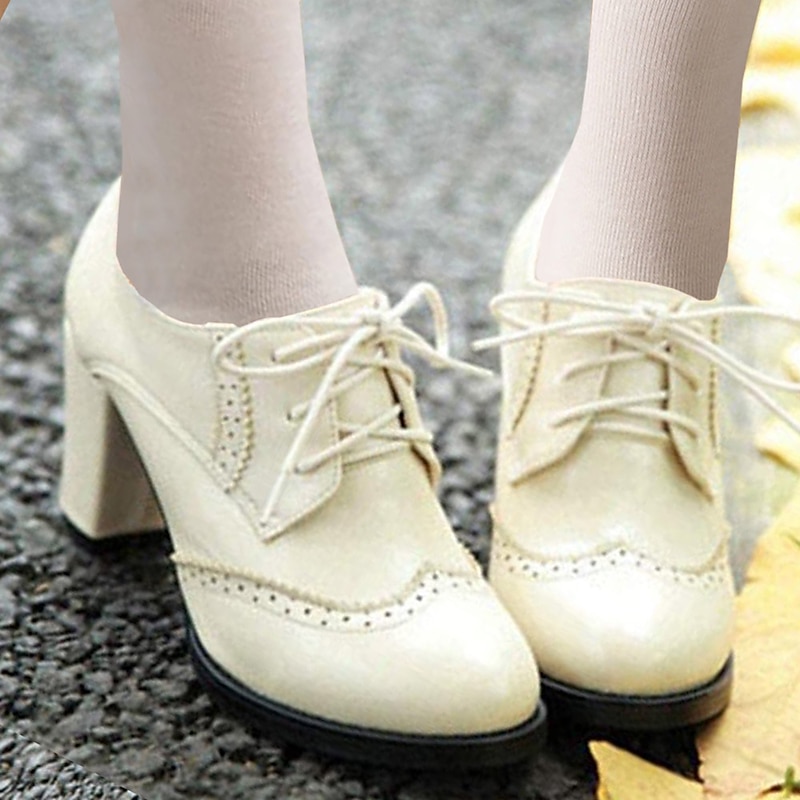 Women's Vintage Oxford Heels – Lace-Up Brogue Chunky Heel Dress Shoes for Work, Office, and Casual Wear
