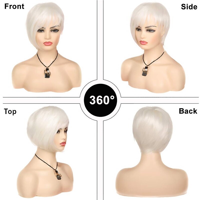 Short White Wig Pixie Natural Straight Asymmetric Wig Halloween Cosplay Costume Wig Synthetic Heat Resistant Hair Wig for Women (Cream White)4