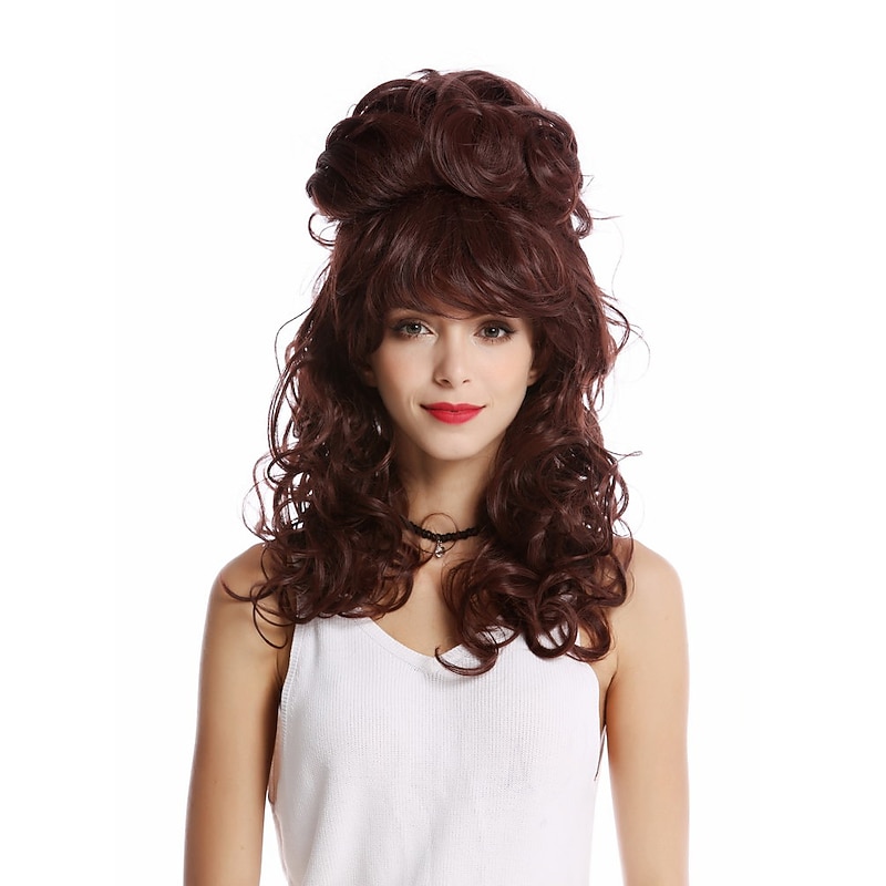 Lady Wig Baroque 60s Beehive Retro Bun Curly Long Mahogany Reddish Brown Pop Singer Halloween Wigs