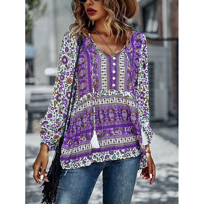Women's Shirt Boho Shirt Lace Shirt Blouse Fashion Floral Lace up Print Long Sleeve Regular Tops V Neck Casual Holiday Red Navy Blue Blue Purple Green Spring &  Fall
