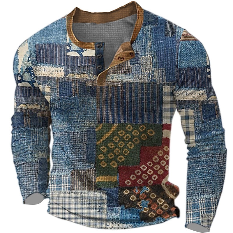 Men's Graphic Geometic Henley Shirt Waffle T Shirt Long Sleeve 3D Print Designer Retro Vintage Ethnic Sports Outdoor Holiday Festival Spring &  Fall Blue Purple Brown Gray Henley Henley T-Shirt