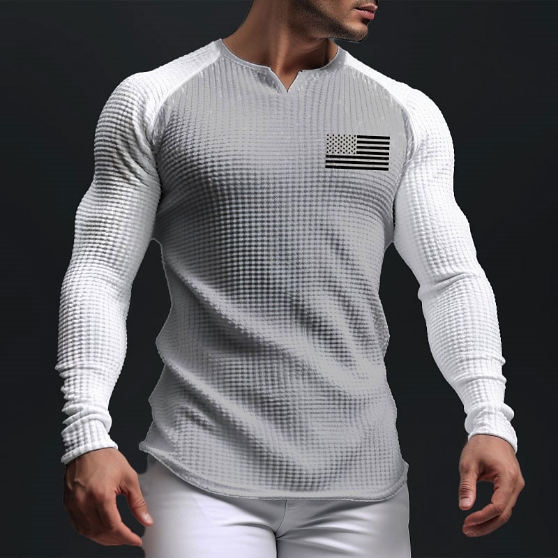 Men's Graphic National Flag T Shirt Raglan T Shirt Waffle T Shirt Long Sleeve T shirt 3D Print V Neck Shirt Daily Classic Outdoor Sports Outdoor Casual Going out White Brown Dark Blue Spring &  Fall4