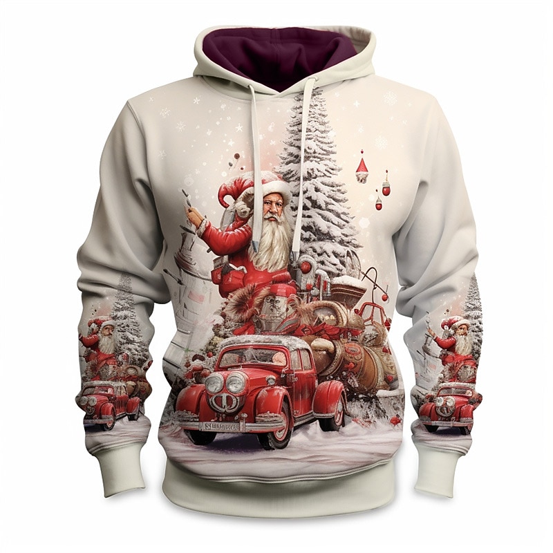 Christmas Men's Christmas Scene 3D Hoodies Santa'S Highway Graphic Fashion Daily Basic 3D Print Pullover Sports Outdoor Holiday Vacation Hoodies Beige Hooded Front Pocket Spring & Claus White Cotton