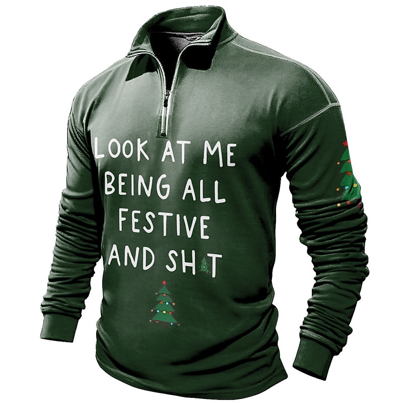 Christmas Men's Funny Christmas 3D Zipper Polo Letter Casual Zip Golf Long Sleeve Outdoor Casual Daily Streetwear Fall & Winter 3D Print Zip Black Wine Blue Micro-elastic Polyester4