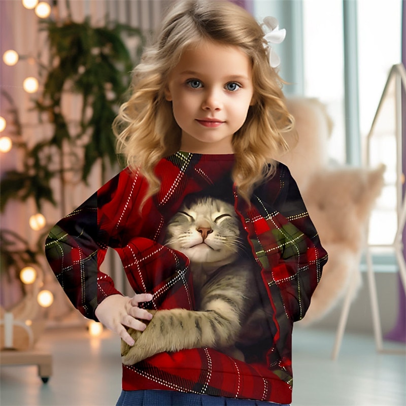 Girls' 3D Plaid Cat Christmas Sweatshirt Sweatshirt Pullover Long Sleeve 3D Print Fall Winter Fashion Streetwear Adorable Kids 3-12 Years 4-13 Years Crew Neck Outdoor Casual Daily Regular Fit