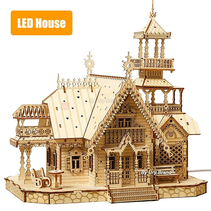 3D Wooden Puzzle Villa House Royal Castle with Light Assembly Toy Kid Adult DIY Model Kits Desk Decoration for Gift2
