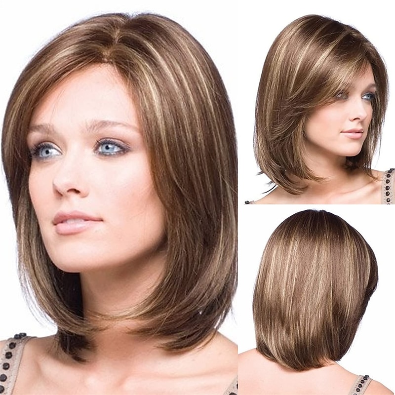 Short Brown Mixed Blonde Bob Wigs for White Women Shoulder Length Synthetic Hair Wigs with Side Bangs Straight Blonde Highlights Women's Bob Wig