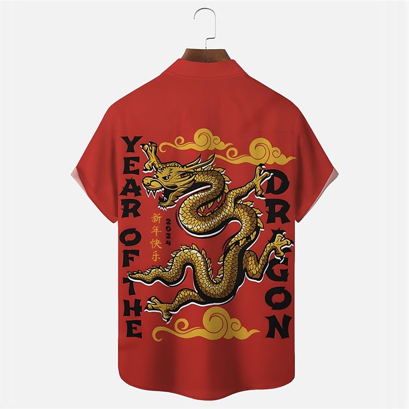 New Year Men's Dragon Shirt Button Up Shirt Short Sleeve Casual Daily Wear Going out Weekend Autumn / Fall Turndown Print Button-Down Yellow Red Burgundy3