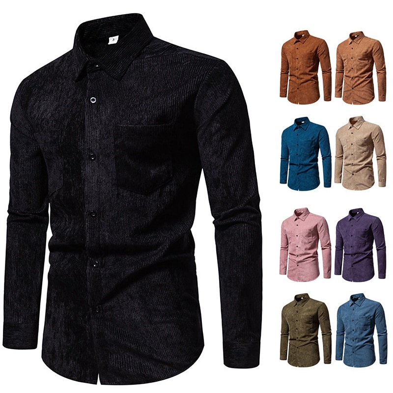 Men's Shirt Casual Shirt Corduroy Shirt Black Yellow Pink Purple Brown Long Sleeve Plain Lapel Street Vacation Basic Clothing Apparel Fashion Leisure