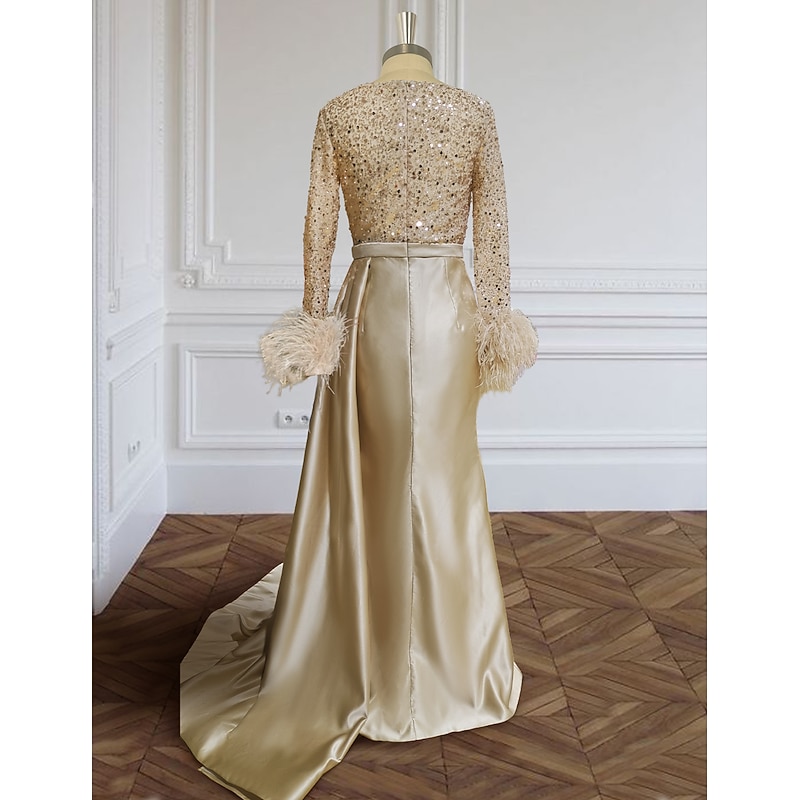 Mermaid Evening Gown Elegant Dress Formal Wedding Court Train Long Sleeve V Neck Satin with Feather Glitter Ruched Masquerade Dress3