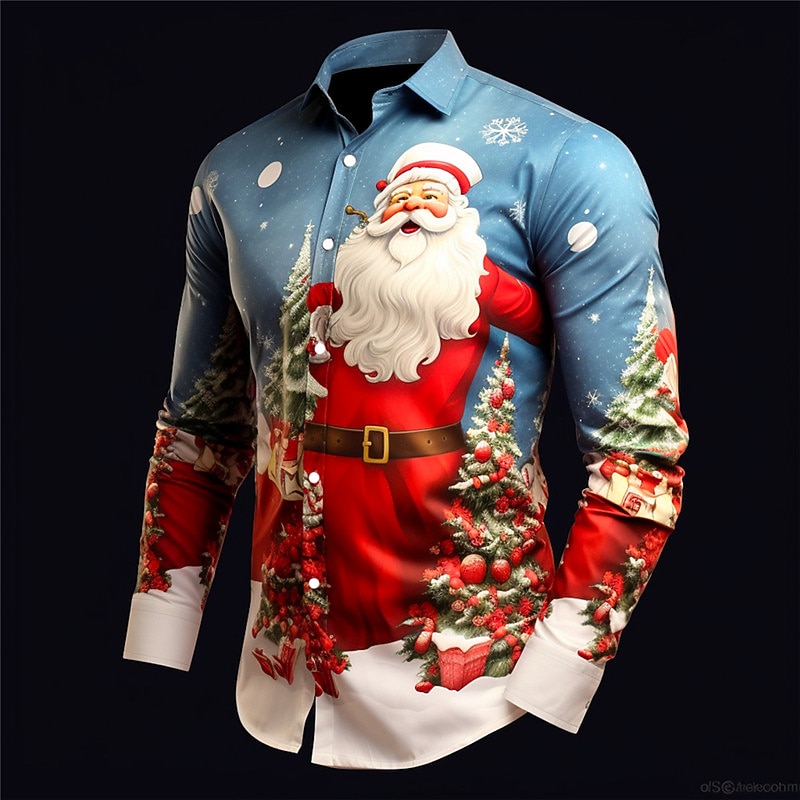 Christmas Men's Santa Claus Printed Shirts Santa Claus Casual Daily Wear Going out Fall & Winter Turndown Long Sleeve Burgundy, Blue, Purple S, M, L 4-Way Stretch Fabric Christmas3