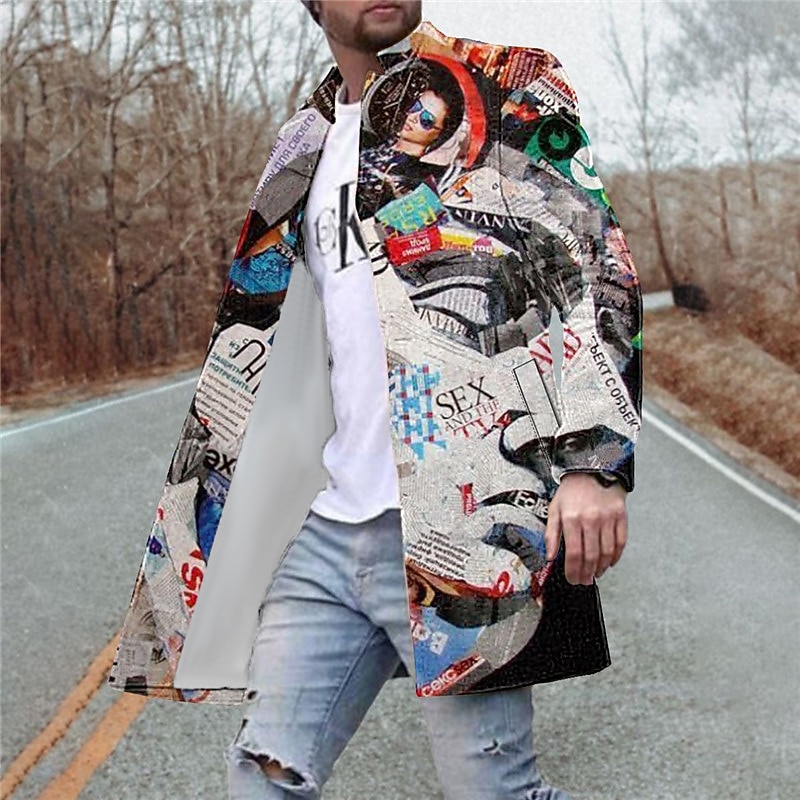 Men's Winter Coat Overcoat Coat Going out Weekend Print Fall & Winter Turndown Long Sleeve Yellow Red Blue