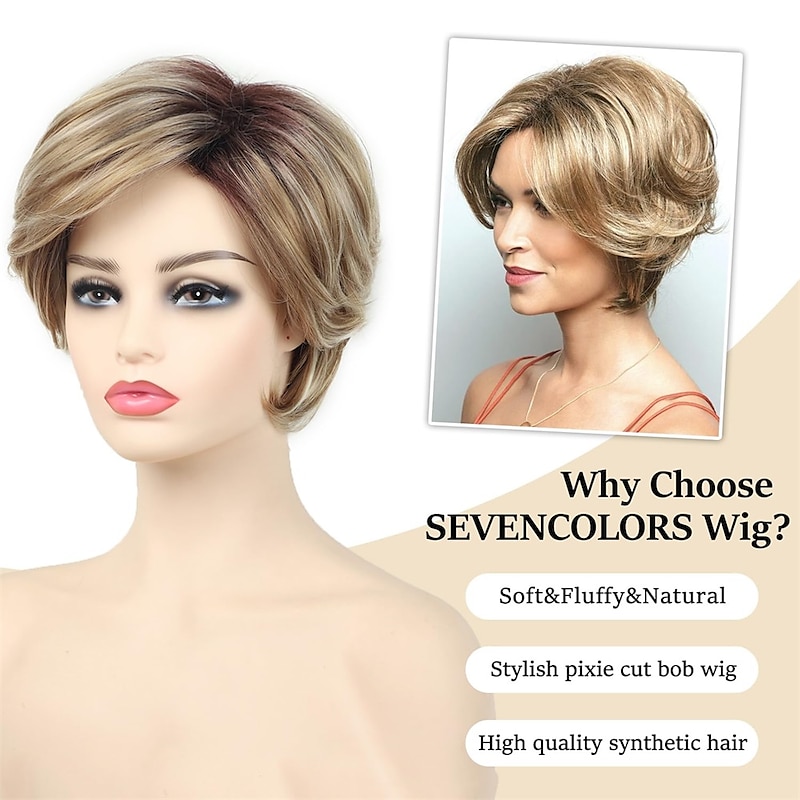 Short Blonde Pixie Cut Wigs for White Women Layered Short Wavy Blonde Wigs with Dark Roots Natural Looking Synthetic Hair Womens Wigs2