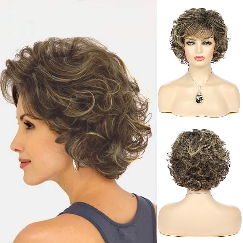 Short Curly Wig with Bangs Dark Brown Mixed Blonde Wigs for Women Synthetic Heat Resistant Fluffy Costume Cosplay Wigs