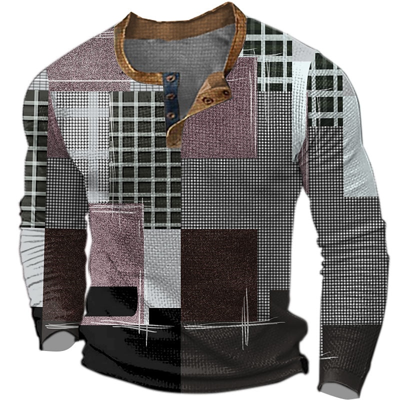 Men's Graphic Plaid Color Block Henley Shirt Waffle T Shirt Long Sleeve 3D Print Fashion Designer Retro Vintage Sports Outdoor Holiday Festival Spring &  Fall Burgundy Blue Green Gray Henley Henley3