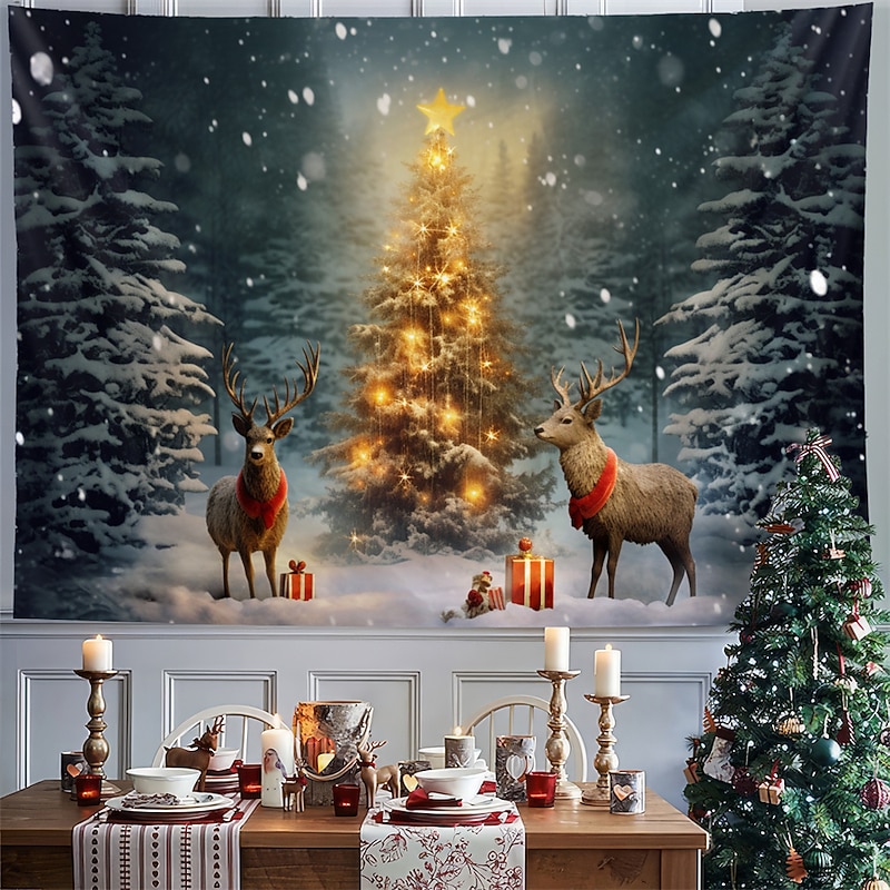 Christmas Decorations Snow Tree Reindeers Hanging Tapestry Wall Art Xmas Large Tapestry Mural Decor Photograph Backdrop Blanket Curtain Home Bedroom Living Room Decoration4
