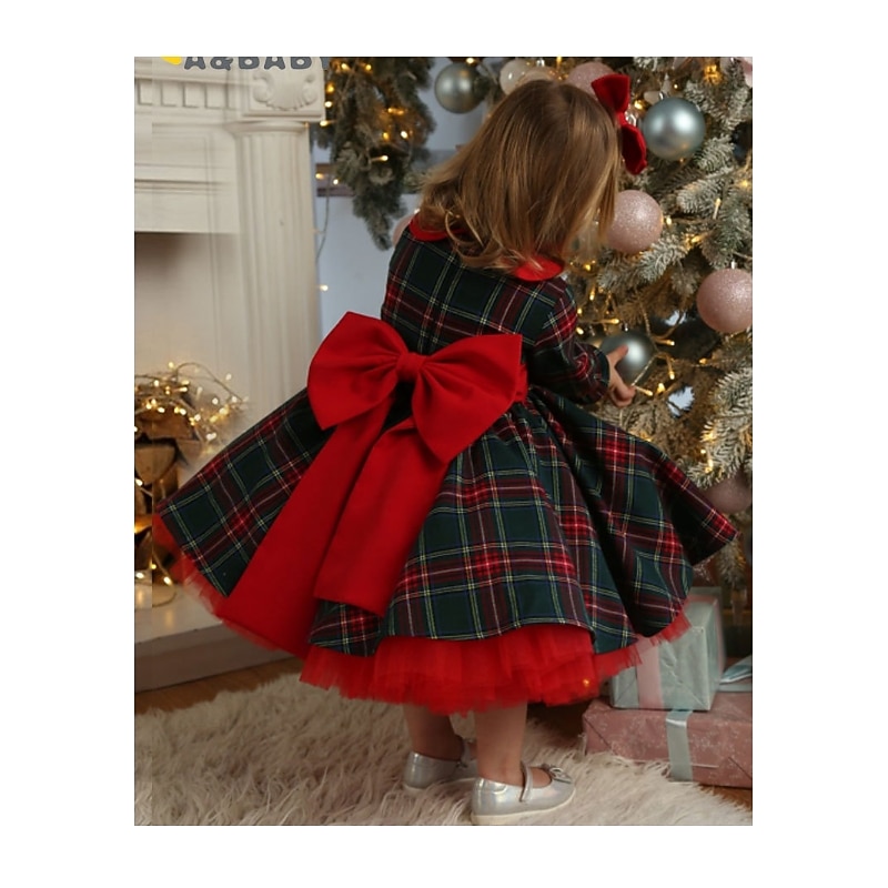 Toddler Girls' Dress Plaid Long Sleeve School Performance Party Tie Knot Active Adorable Daily Cotton Midi Casual Dress Spring Fall Winter 3-7 Years Red