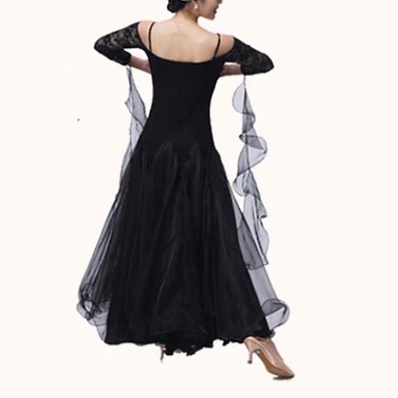 Ballroom Dance Dress Lace Pure Color Splicing Women's Performance Party Modern Waltz Dance Costumes3