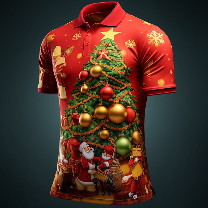 Christmas Men's Santa Claus 3D Polo Santa Claus Casual Golf Short Sleeve Outdoor Daily Wear Streetwear Autumn / Fall 3D Print Turndown Yellow Wine Red Polyester3